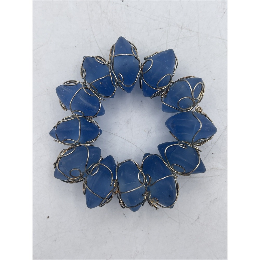 VTG Blue‎ Beaded Stone and Wired Napkin Rings Set Of 10 Coastal Boho Abstract